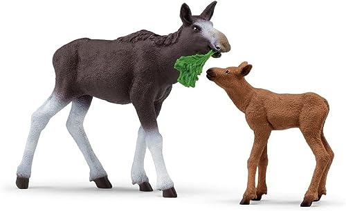 SCHLEICH 42603 Moose with Calf National Geographic Wild Life Toy Playset for children aged 3-8 Years, Green, 18.9 centimeters