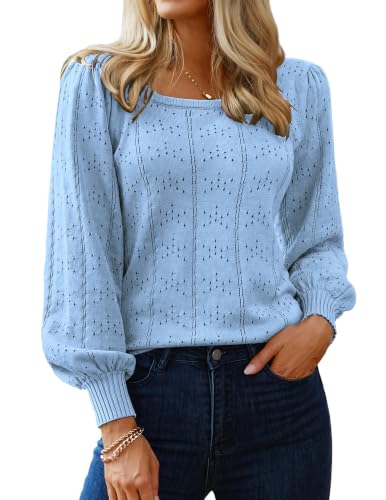 Image of HOTOUCH Sweaters for Women 2026 Fall Trendy Tops Casual Puff Sleeve Square Neck Cute Tunic Pullover Blouses XS-XXL