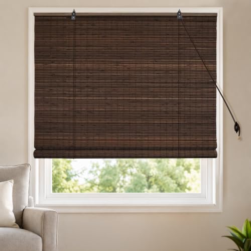 Image of HIPPO Bamboo Curtains - W-4FTXH-5FT Rope Mechanism Roll Up Down Indoor Bamboo Shade for Sun & Dust Protection for Home Window, Balcony, Restaurant, Hotel, Resort (Dark-Coffee)