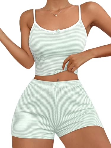Image of Hilinker Womens Graphic 2 Piece Pajama Set Summer Cute Crop Cami and Shorts Ribbed Lounge Sets