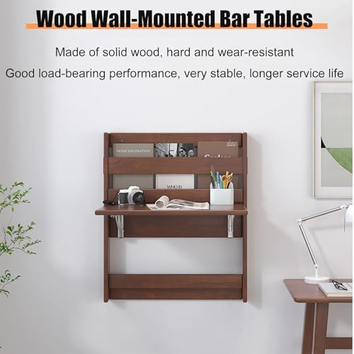 Table murale gain de place pour studio, petit bureau flottant en hévéa marron avec étagères