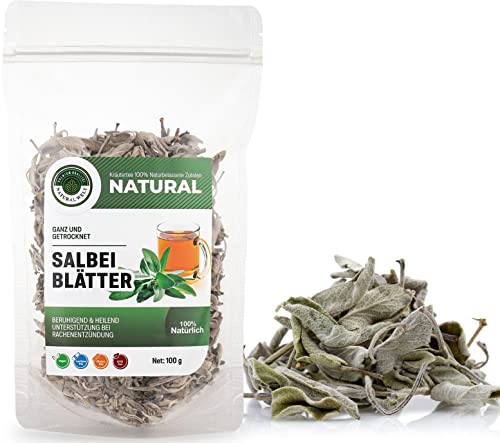 Natural Welt Saliethee, 100 g, gedroogd en gesneden saliebladeren, 100% natuurlijk losse salie in een zak, kruidenthee, zonder additieven