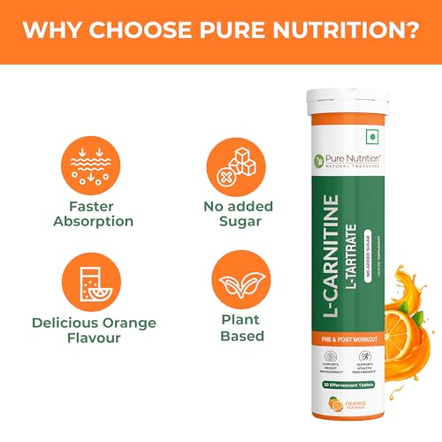 Image of Pure Nutrition L-Carnitine L-Tartrate 20 Effervescent Tablets (Orange Flavour) | Supplement for Pre & Post-Workout | Energy Recovery, Fat Burn & Lean Muscle Support | No Added Sugar