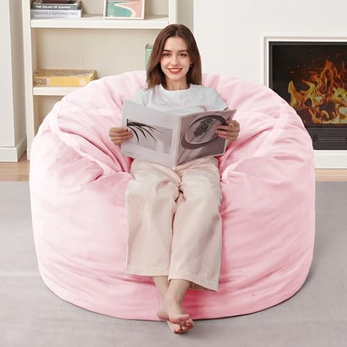 Image of 3FT Bean Bag Chair 3'Big Bean Bag Chairs with Adults, Large Beanbag Chair | Bean bags with Machine Washable Cover Dutch Velvet Fabric, Comfy Chairs for Living Room Bedroom Dorm, Pink