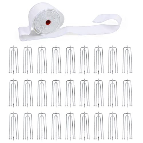 Curtain Pleat Tape 11 Yards Pleater Curtains Tape with 50 Pcs Stainless Steel Pleater Hooks with 4 Prongs Pinch Pleat Curtain Drapes Tape for Handmade DIY Pleated Curtain