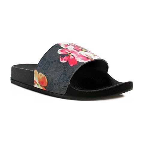Womens Ladies Black or Brown Floral Wide Strap Thick Comfy Sponge Platform Sole Slip On Slider Sandals Shoe Sizes 3-8 UK (6 UK, Black Floral) Cover
