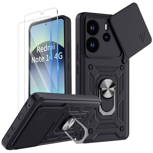 COPIKE Funda Armor para Xiaomi Redmi Note 14 4G (Non para 5G) con 2 Piezas Cristal Templado, Carcasa Cubierta de Cámara Deslizante Proteger con Soporte Giratorio de Anillo y TPU Antigolpes, Negro