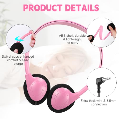 Image of Konohan 30 Pack Headphones Bulk Headphone for School Classroom Student Wired Headphones Adjustable with 3.5 mm Jack for Adults (Pink)