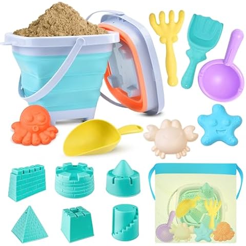 YZNlife 16pcs Beach Toy Set, Foldable Beach Bucket with Castle and Sea Animals Molds Sand Shovels Mesh Bag,Beach Toys for Kids Outdoor Fun Sand Tools for Kids Boys Girls Cover