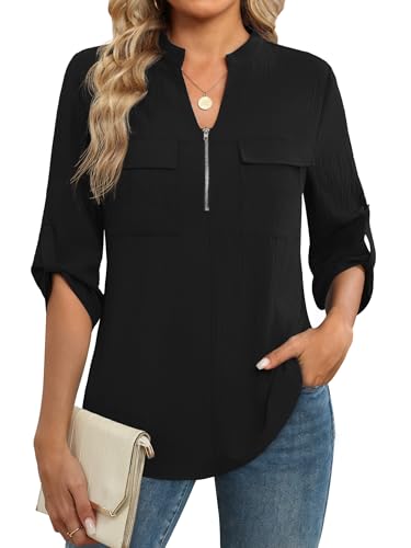 Funlingo Blouses for Women Dressy Casual 3/4 Length Sleeve Womens Tops V Neck Business Work Tunic Shirts Sping Professional Clothes Black 3XL