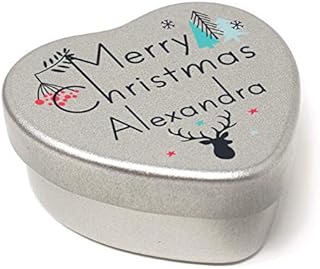 The Plum Penguin Personalised Merry Christmas Name Heart Shaped Mini Tin Xmas Personalised Name Chic Winter Stag filled with mini chocolates