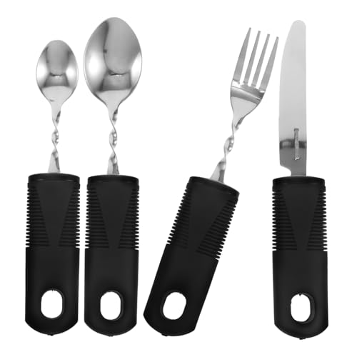 Baluue 4個 食器を食べる高齢者 フォーク スプーン 適応器具 者用ガジェット ワイドグリップ器具 重みのあるカトラリー 身障者用食器 適応給餌器具 加重銀器 プラスチック Black