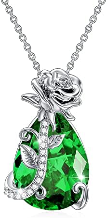 POTOPYY Rose Flower Pendant S925 Sterling Silver Crystal Necklace with May Birthstone Rose Flower Jewelry Gifts for Women