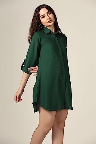 Greciilooks Western Dress For Women| Shirt Collar Solid A-Line Dress| Plus Roll Tab Sleeve Shirt Dress| Women's Comfort Summer Dress| Dress Perfect For Outing (Medium, Dark Green)