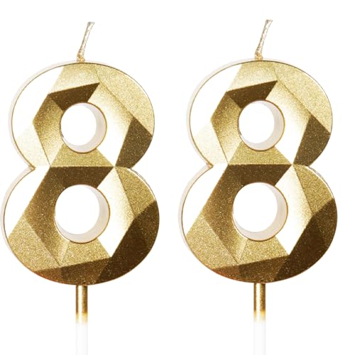Bougies d'Anniversaire 88 Ans Dorées - Numéro 88 Or - Bougies Dorées pour Gâteau - Décoration de Fête Brillante - Anniversaire, Mariage, Fête, Cérémonie