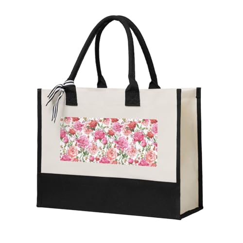 Sac fourre-tout en toile pivoine pour femme - Grand sac cabas de plage réutilisable beige
