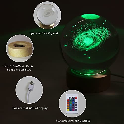 Image of 3D Galaxy Crystal Ball Night Light with Remote Upgraded 3.15 Inch Galaxy Planets Glass Ball Lamps with 16 Color LED Wooden Base for Birthday, Astronomy Space Universe Gifts for Boys Girls