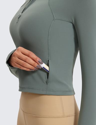 Image of CRZ YOGA Butterluxe Half Zip Crop Top | Workout, Extremely Soft, Slim Fit, Thumbholes, Side Pocket, Long Sleeve Shirts for Women