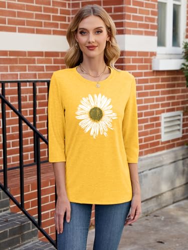 Chulianyouhuo Womens 3/4 Sleeve T Shirt Sunflower Graphic Tees Dandelion Flower Print Summer Casual Tops Blouse2