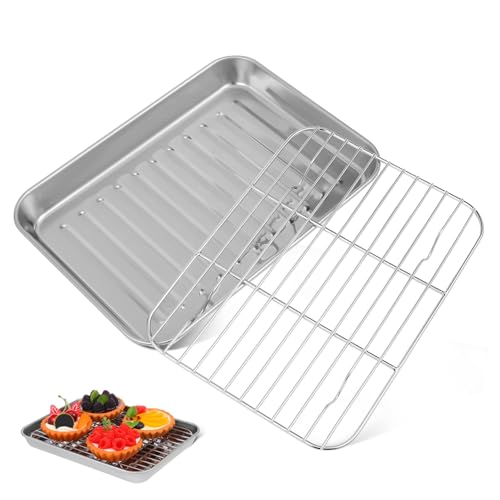 Hoement 2 Juegos Bandejas Horno Acero Inoxidable con Recubrimiento Antiadherente y Rejilla para Asar Hornear Pizzas Galletas y Carnes Resistente y Multifuncional