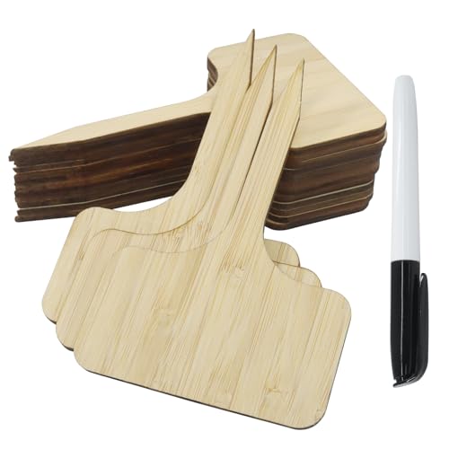 Marvexi 30Pcs Bamboo Plant Tags (6 x 10 cm) T-Type Plant Tags with A Marker Pen, House Plant Labels Garden Markers for Bamboo, Herb, Vegetable