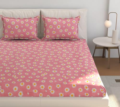Image of Jashan 300 TC Glace Cotton Super Soft Fabric King Size Fitted Bedsheet for Double Bed, King Size 72 inches X 78 Inches x 10 Inches, with 2 Large Size Pillow Covers -Pink Lilly Flowers