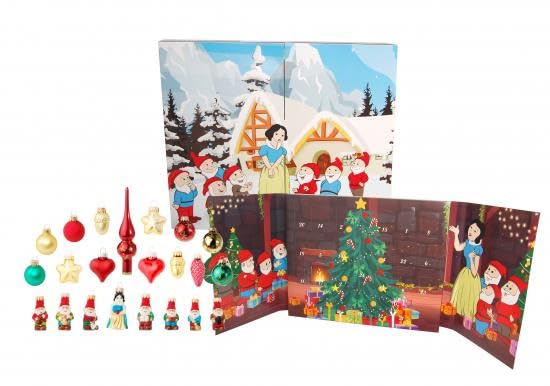 Krebs Glas Lauscha - Decorazione natalizia/albero di Natale – Calendario dell'Avvento 24 ciondoli in vetro – Motivo: Biancaneve e i sette nani – Dimensioni del ciondolo: circa 3 cm