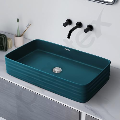 Image of Plantex Ceramic Designer Washbasin for Bathroom /Countertop Bathroom Basin /Rectangle Tabletop Wash Basin for Home /Office /Restaurant (Pine Blue - 26 x 15 x 5 Inch)