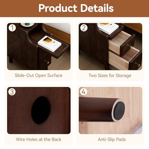 Image of Nightstand, Pre-Assembled, 19.7 inchH Solid Wood Night Stand with 2 Drawers, Open Sliding Shelf, Mid Century Modern Small Bedside Table for Bedroom, Black Walnut 8 inch