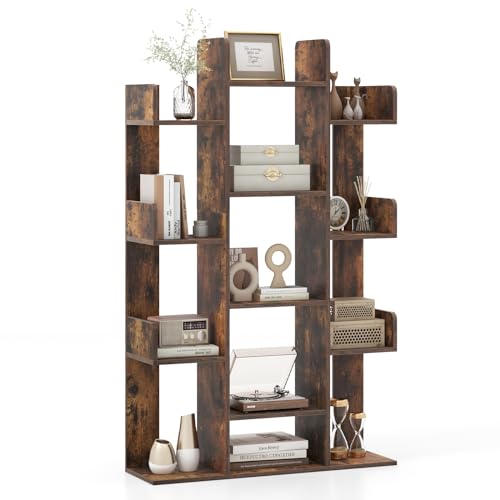 COSTWAY 13 Tiers Bookshelf, Floor Standing Tree Shaped Bookcase Magazines Organiser Unit, Home Office Living Room Storage Rack Display Stand (Rustic Brown)