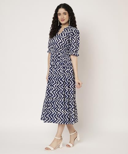 Image of PIDAVLIYA'S Women's Cotton Floral Printed Midi Dress | V-Neck Fit & Flare Dress with Puff Sleeves | Casual Summer Wear