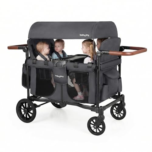 Image of BABY JOY Wagon Stroller for 4 Kids, Foldable Stroller Wagon with Removable Canopy, Adjustable Handle, Snack Tray, Parent Organizer, 5-Point Safety Harness, Convertible Diaper Bag/Changing Pad (Gray)