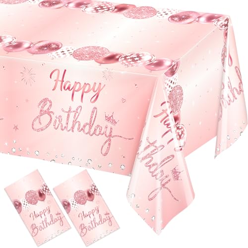 Image of WNINK 2 Pack Pink & Rose Gold Happy Birthday Tablecloths, Disposable Plastic Rectangular Table Covers for 6th 21st 30th 40th 50th Women Girls Birthday Party 54 x 108 Inches