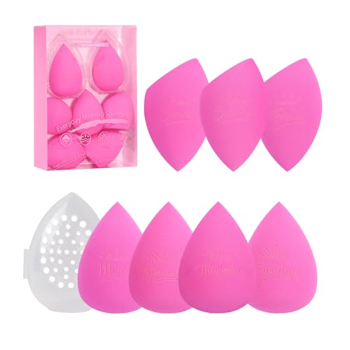 Image of Real Perfection Makeup Sponge Set Blender Sponges, Latex-Free Beauty Makeup Sponges 7 pcs with 1 Travel Container Case for Blending Foundation Liquid Cream and Powder (Pink)
