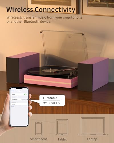 Image of Vinyl Record Player with Two External Speakers Belt-Drive Turntables for Vinyls Records Dual Stereo Speakers LP Players 3 Speed Full Size Wireless AUX-in Headphone Auto Stop Pink