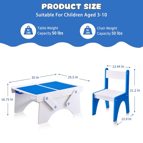 IFBUY 35\" Wide Toddler Table and 2 Chairs Set with Storage Drawer, Kids Wooden Activity Desk for Ages 3-10, Compatible with Most Building Blocks, for Boys and Girls, Blue - Thumbnail 3