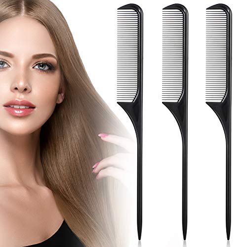 3 Pieces Black Round Head Pintail Comb Parting Comb 9 Inch Rat Tail Comb Carbon Fiber Heat Resistant Teasing Styling Combs for Hair Cutting Hairdressing Back Combing, Root Teasing, Adding Volume