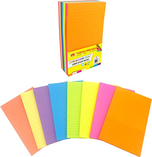 4A Sticky Notes,5 x 8 Inches,Large Size,Neon Assorted,Lined,8 Colors,Self-Stick Notes,50 Sheets/Pad,8 Pads/Pack,400 Sheets/Pack,4A 5088-N-L
