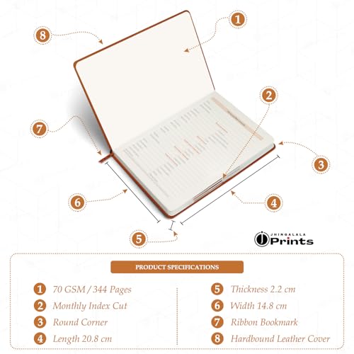 Image of Jhingalala Diaries - Hard Bound Leather Cover 2026 Diary with 365 Dates I Daily Planner Diary 2026 With Calendar | Size A5 15x21 cms (Tan Brown)