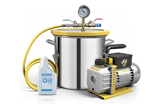 3 Gallon Vacuum Chamber with Pump Kit, 3.5 CFM Vacuum Pump with Stainless Steel Chamber, Degassing Chamber Kit with Tempered Glassc Lid, Oil, 4.92 ft Hose, for Degassing Resin Silicone