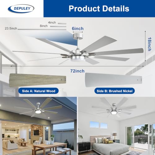 Image of Depuley 72-Inch Ceiling Fan with Light: Modern 8-Blade Brushed Nickel Indoor Outdoor Fans with Remote Control Dimmable Light - Ultra Quiet DC Motor Reversible 6 Speed Timer