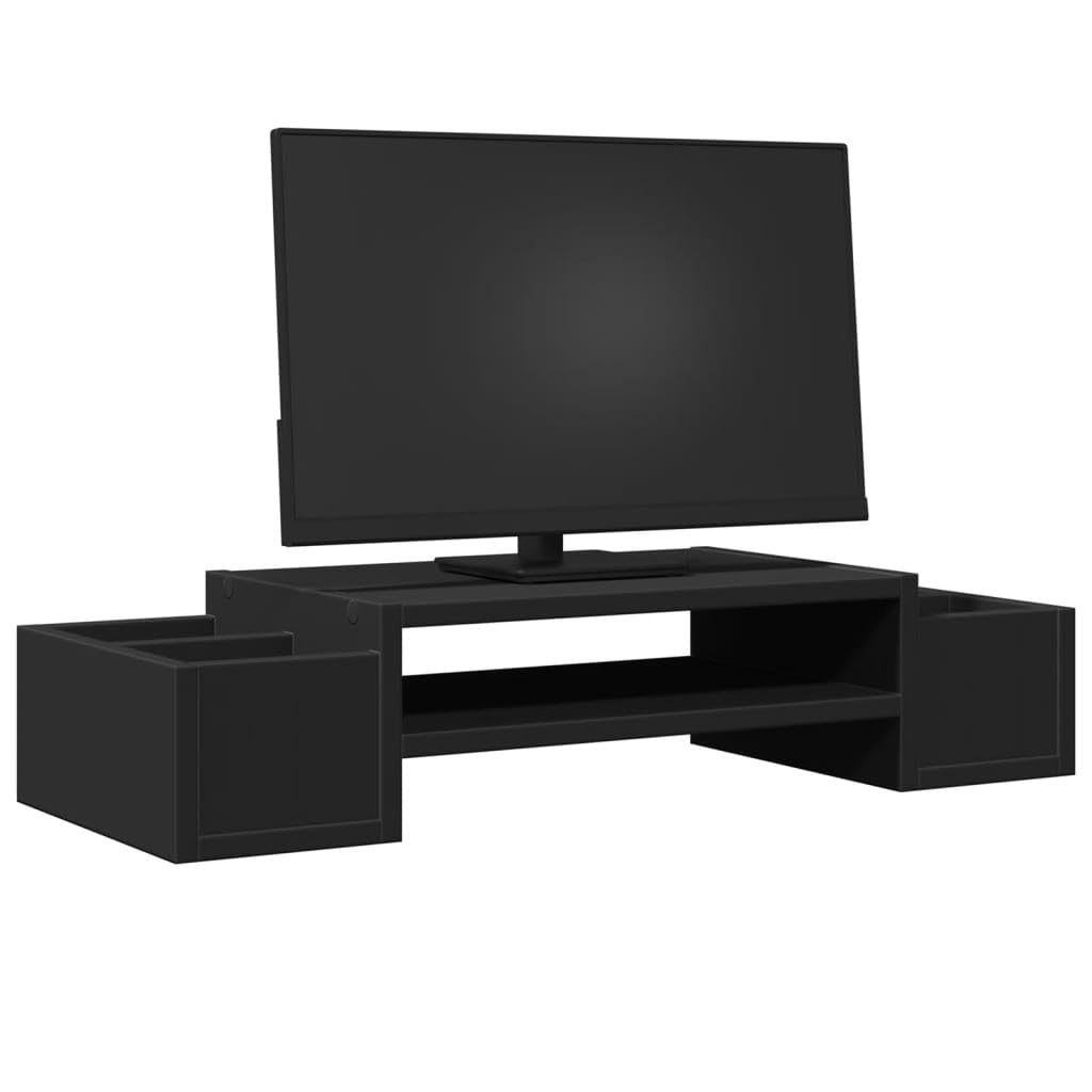 Monitorständer mit Stauraum Schwarz aus Holzwerkstoff 70x27x15 cm mit 4 Fächern für Büro Homeoffice Gaming und Studium zur verbesserten Ergonomie am Arbeitsplatz