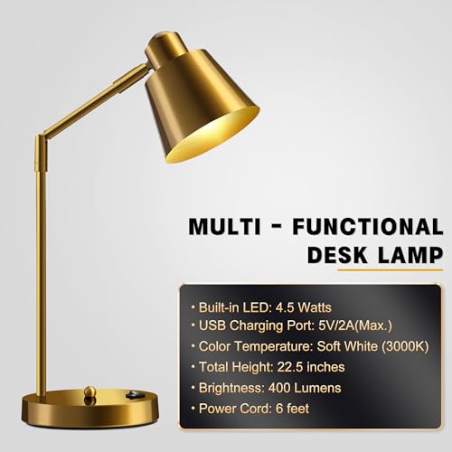 Image of Anxingtools LED Desk Lamp with Dual USB Charging Ports, 100% Metal, 270 Swivel Arms, Soft White Light (3000K), Bedside Reading Lamp, Home Office Lamp(Golden)