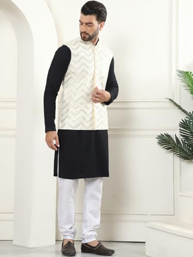 Image of SOJANYA (Since 1958 Men's Pure Cotton Kurta and White Pyjama with Sequins Nehru Jacket