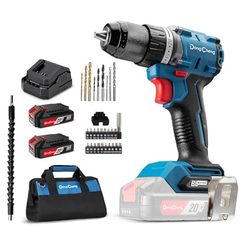 Dong Cheng 20V Brushless Heavy-duty Impact Drill, 531in-lbs, 1/2' Keyless Metal Chuck, 20+1+1 Clutch, Cordless Hammer Drill with 2 * 2.0Ah Battery Kit for Drilling Brick Wall, Metal, Wood