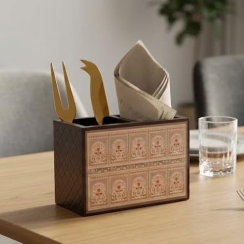 Image of Home Sparkle Engineered Wood Cutlery Holder with Napkin Rack - Multipurpose Spoon Stand & Kitchen Organizer Rack for Dining Table, Restaurant & Countertop - Brown Finish (B10V48)