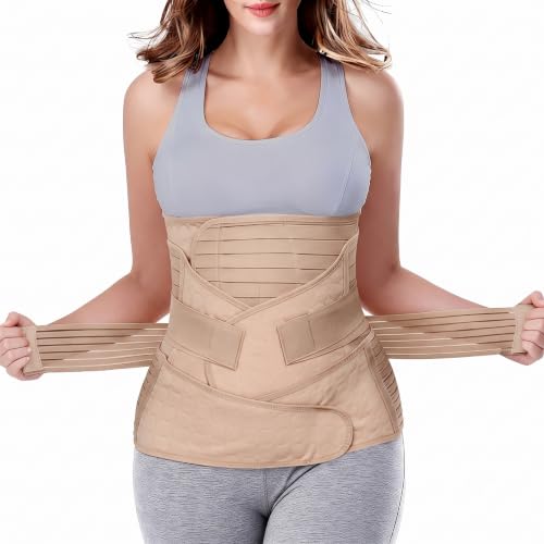 Image of Postpartum Belly Wrap Belt - 3-in-1 Post-Pregnancy Abdominal Binder & Recovery Corset for C-Section & Normal Delivery - Adjustable Post-Surgical Shapewear for Back Support and Stomach Tummy Tuck (Beige)