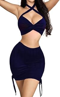 طقم ملابس ضيقة بودي كون من مانيكان - مكون من بلوزة قصيرة بأحزمة رقبة متقاطعة وجيبة قصيرة مكشكشة