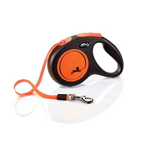 flexi® Neon M Gurt 5 m schwarz, neon-oranger Gurt, reflektierende Seitenfläche, Roll-Leine für Hunde bis 25 kg