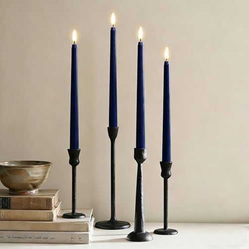 Image of Navy Blue Flameless Taper Candles with Remote Timer, Flickering Battery LED Candlesticks Set of 4